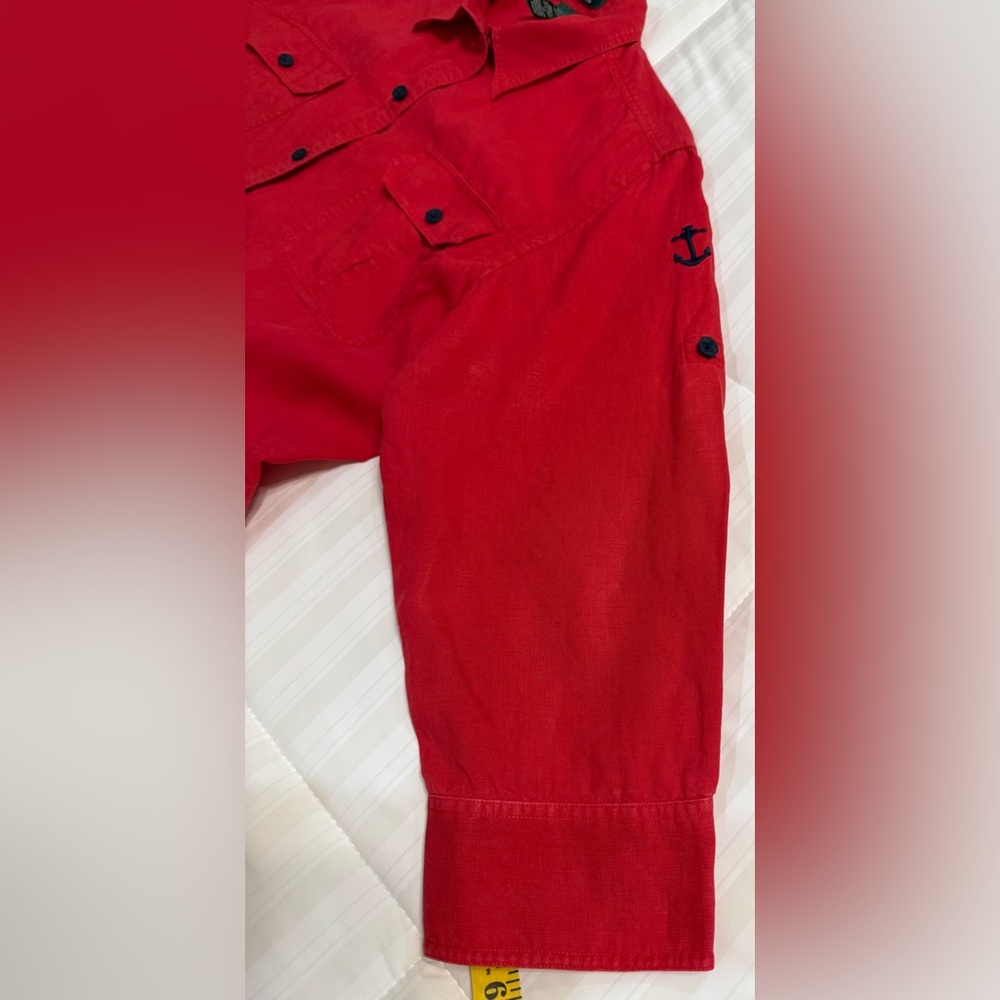 Ralph Lauren Red Linen Button Down Shirt Black Front Button Pockets - Picture 8 of 8